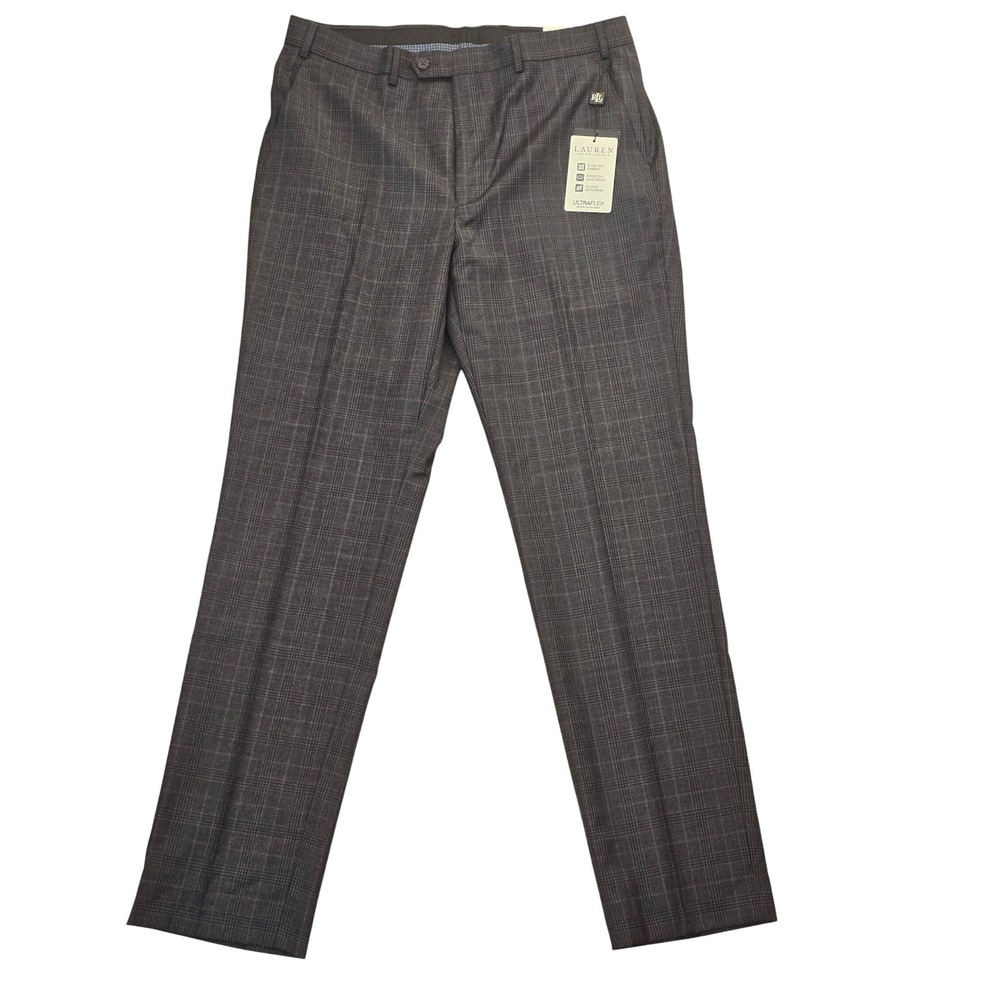 Lauren Ralph Lauren Mens Brown Glen Plaid Ultraflex Wool Blend Dress Pants 36x34